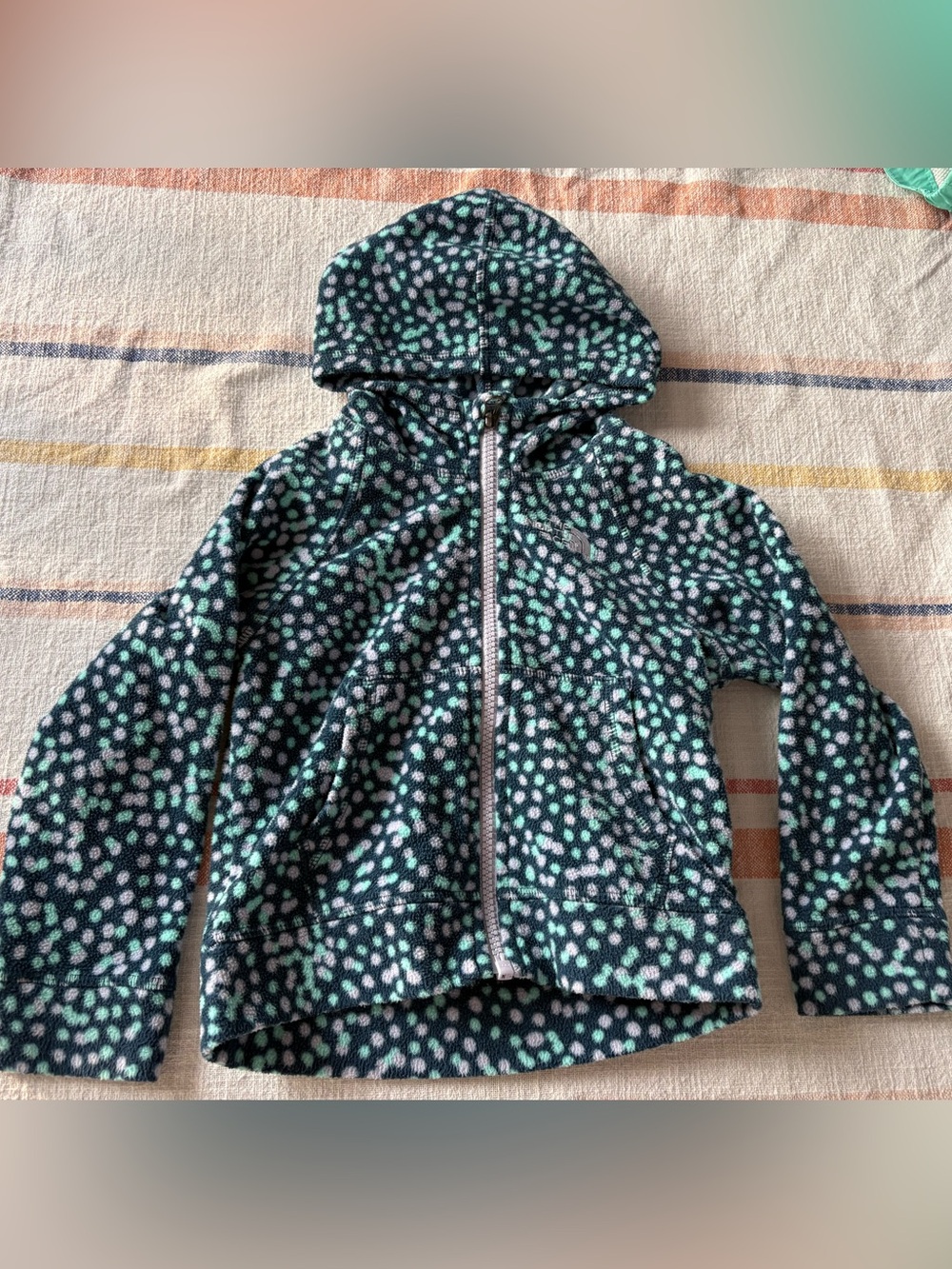 The North Face Girls' Fleece Pullover in Navy, Mint & White Dot Print